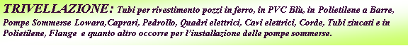 Casella di testo: TRIVELLAZIONE: Tubi per rivestimento pozzi in ferro, in PVC Bl�, in Polietilene a Barre, Pompe Sommerse Lowara,Caprari, Pedrollo, Quadri elettrici, Cavi elettrici, Corde, Tubi zincati e in Polietilene, Flange  e quanto altro occorre per l�installazione delle pompe sommerse.