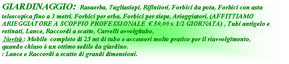 Casella di testo: GIARDINAGGIO:  Rasaerba, Tagliasiepi, Rifinitori, Forbici da pota, Forbici con asta telescopica fino a 3 metri, Forbici per erba, Forbici per siepe, Arieggiatori, (AFFITTIAMO ARIEGGIATORE A SCOPPIO PROFESSIONALE   50,00 x 1/2 GIORNATA) , Tubi antigelo e retinati, Lance, Raccordi a scatto, Carrelli avvolgitubo,  Novit : Mobile  completo di 25 mt di tubo e accessori molto pratico per il riavvolgimento, quando                                      quando chiuso  un ottimo sedile da giardino. : Lance e Raccordi a scatto di grandi dimensioni.